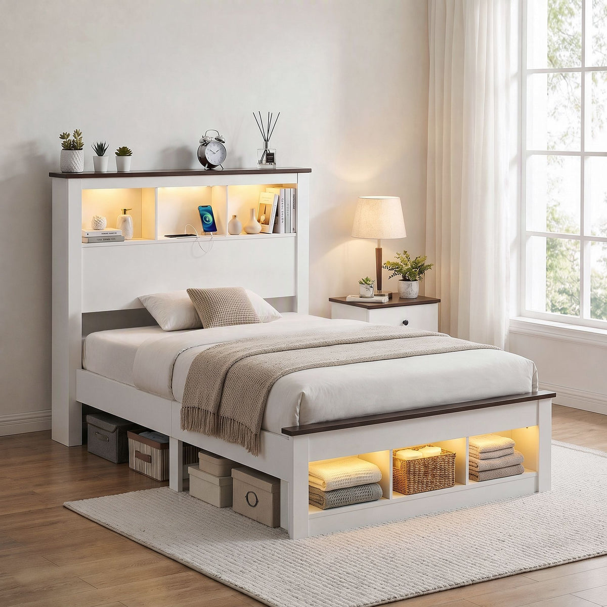 Artiss Single Bed Frame with Storage Bookcase Headboard, White