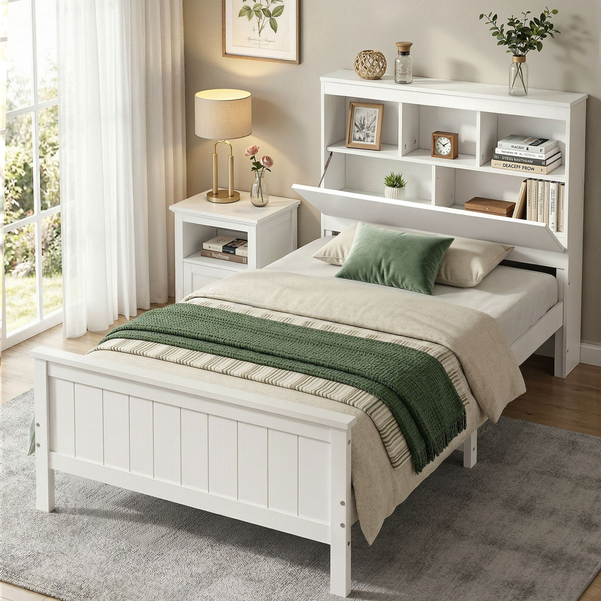 Conqueror Single Bed Frame with Storage Headboard Wooden Base White