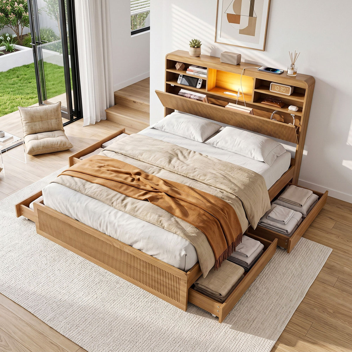 Artiss Double Bed Frame with Storage and USB, Natural