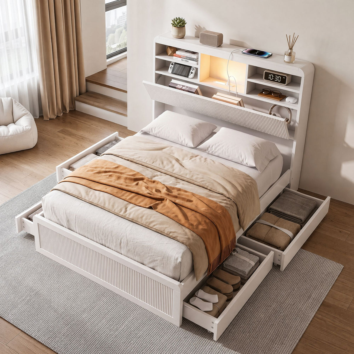 Artiss King Single Bed Frame with Storage, USB and Night Light White