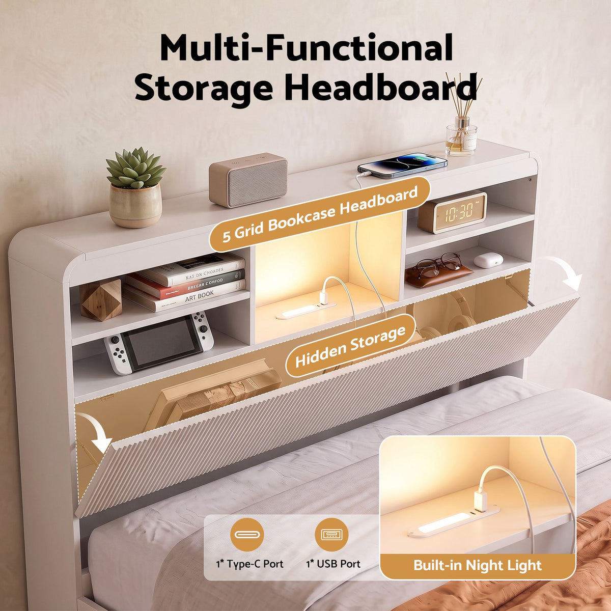Artiss King Single Bed Frame with Storage, 4 Drawers, USB and Night Light White