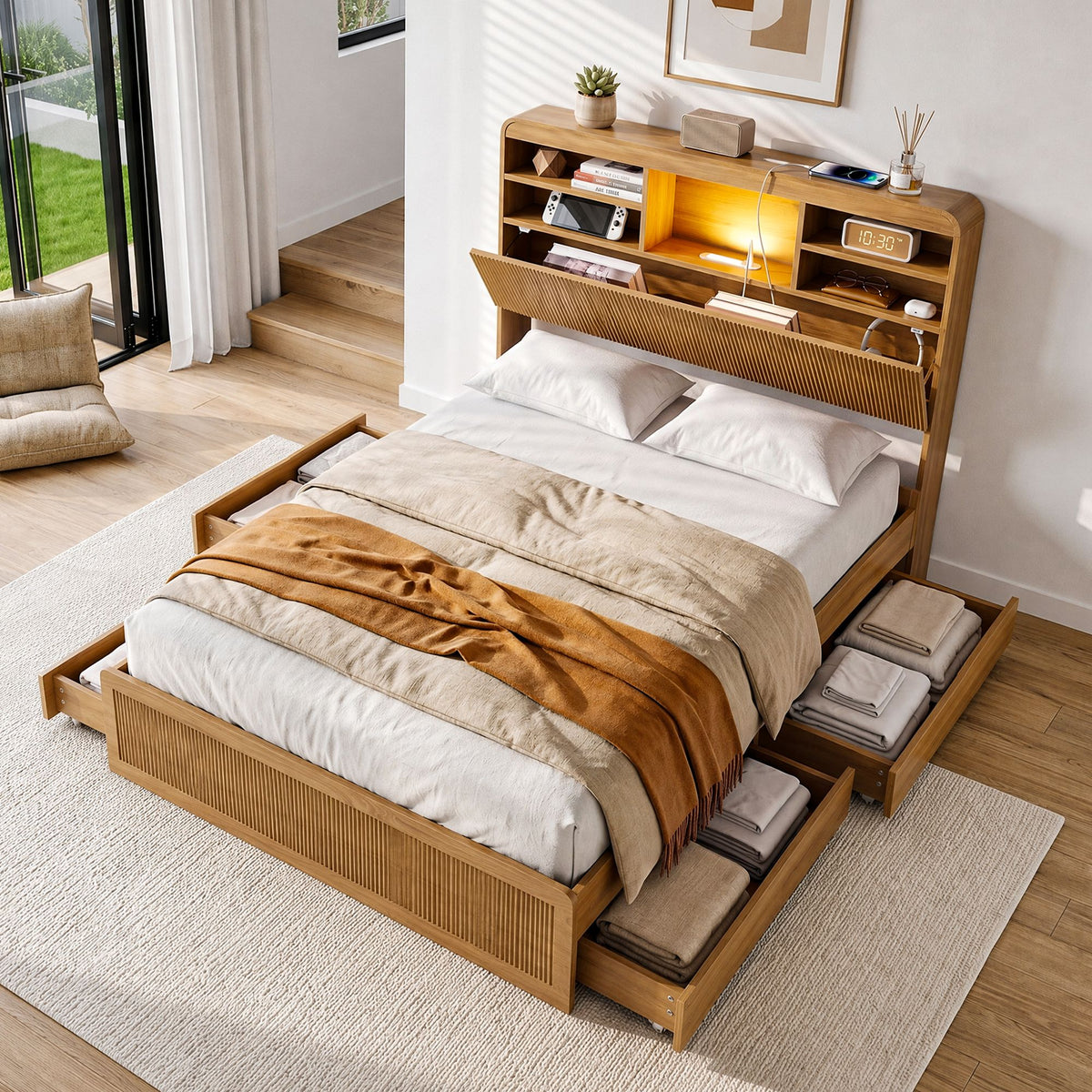 Artiss King Single Bed Frame with Storage and 4 Drawers Natural
