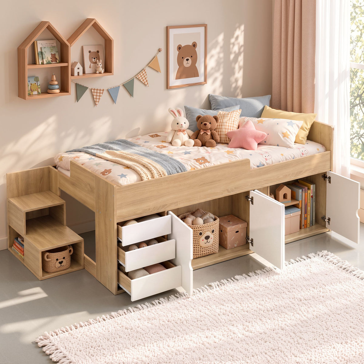 Artiss King Single Bed Frame with 3 Drawers and Two-Step Access