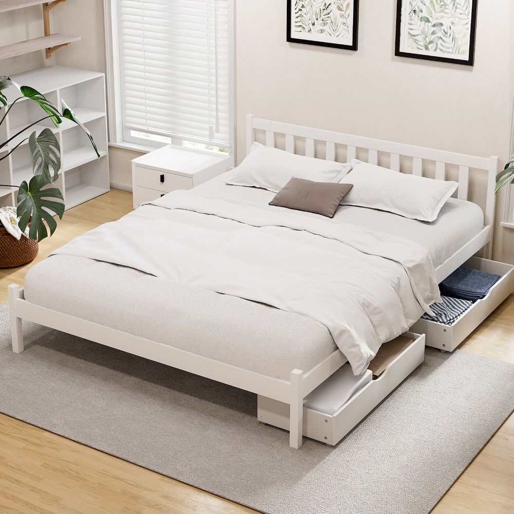 Sofie Queen Wooden Bed Frame with 2 Storage Drawers White