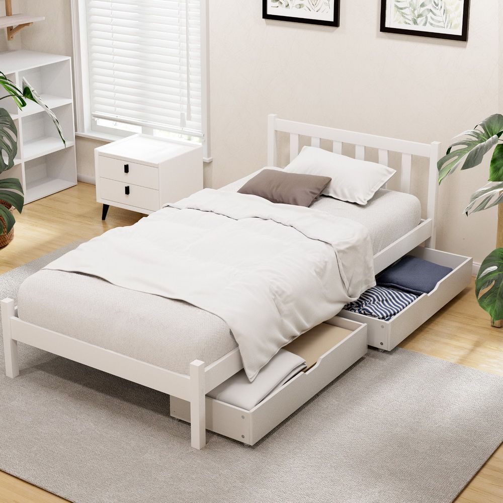 Sofie Single Platform Bed Frame with 2 Storage Drawers White