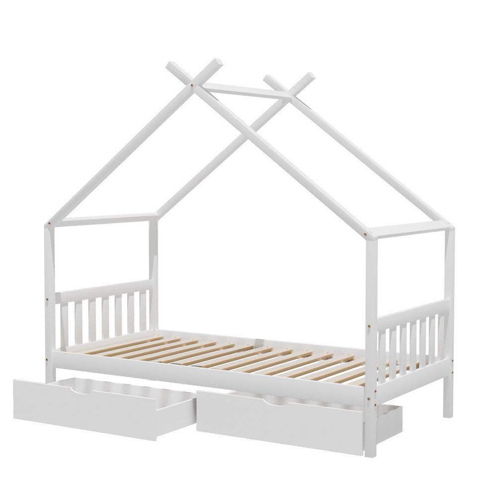 Artiss Kids Single Bed Frame Timber House with 2 Storage Drawers White
