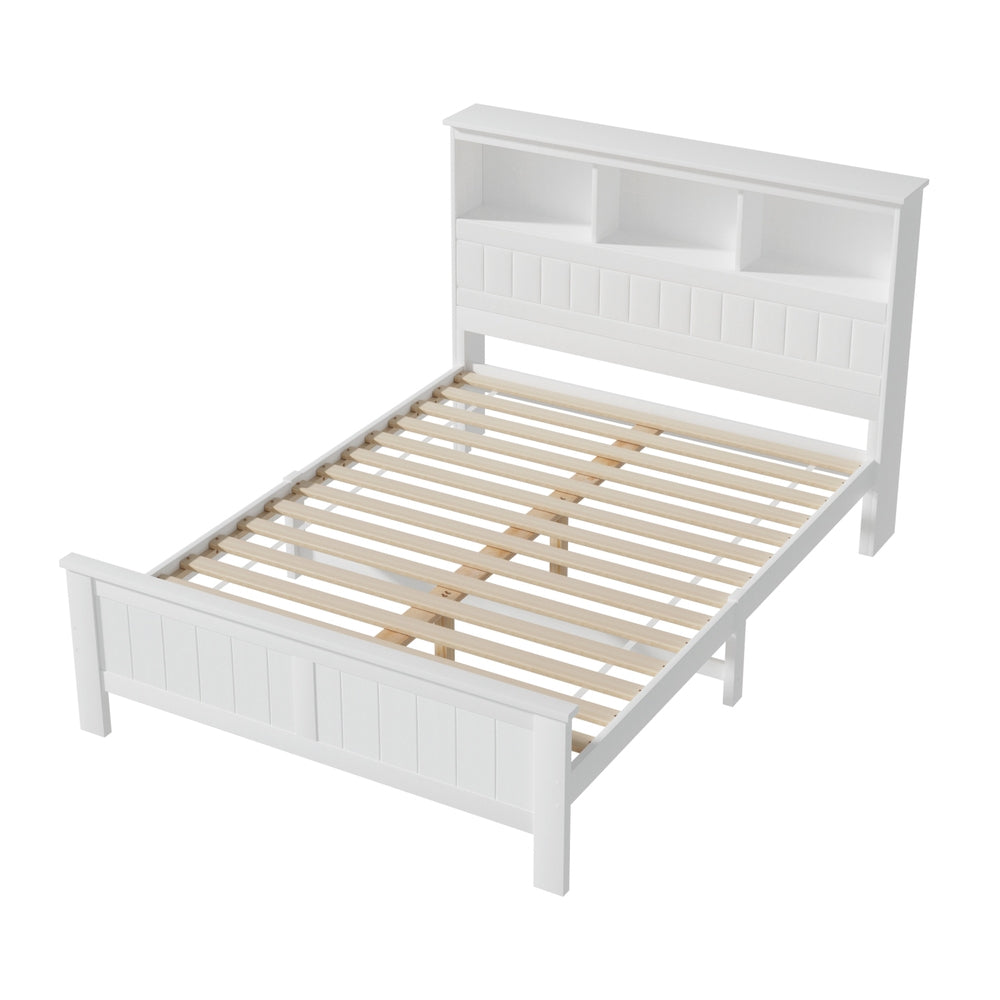Conqueror Double Wooden Bed Frame 3-Shelf Headboard White