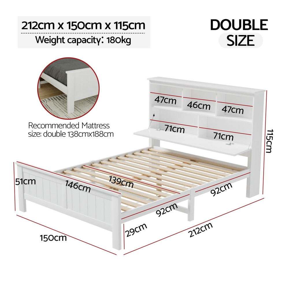 Conqueror Double Wooden Bed Frame 3-Shelf Headboard White