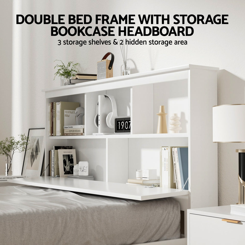 Conqueror Double Wooden Bed Frame 3-Shelf Headboard White