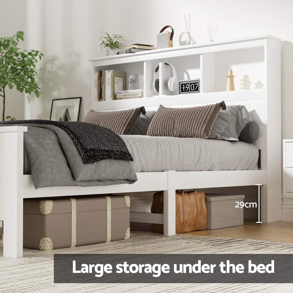 Conqueror Double Wooden Bed Frame 3-Shelf Headboard White