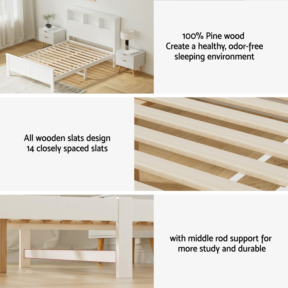 Conqueror Double Wooden Bed Frame 3-Shelf Headboard White