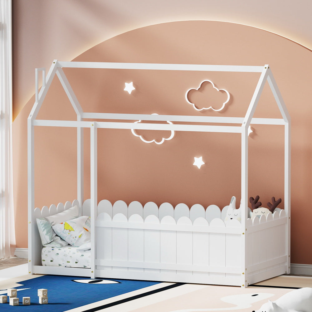 Kori Single Kids House Bed Frame Wooden White