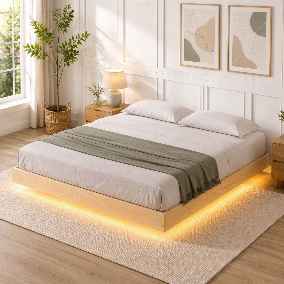 Odin Double Floating Wooden Bed Frame with LED Lights