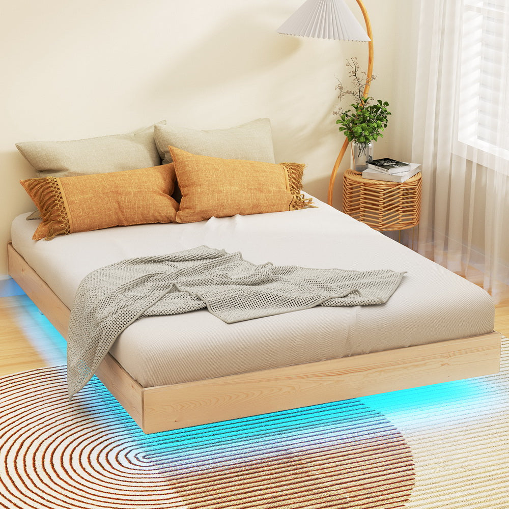 Odin Double Bed Frame Floating Wooden Platform Pine LED