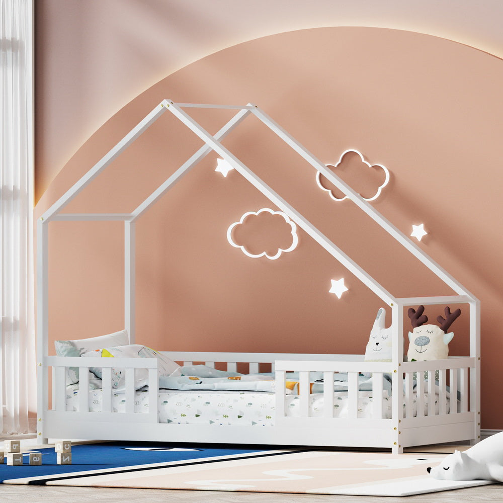 Pavo Wooden Kids House Bed Frame Single White