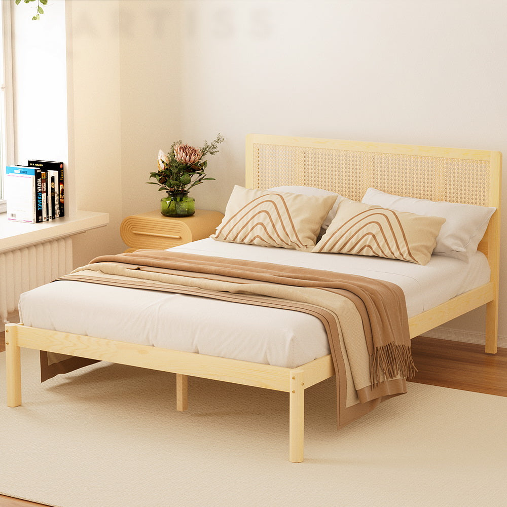RITA Queen Bed Frame Rattan Wooden Pine