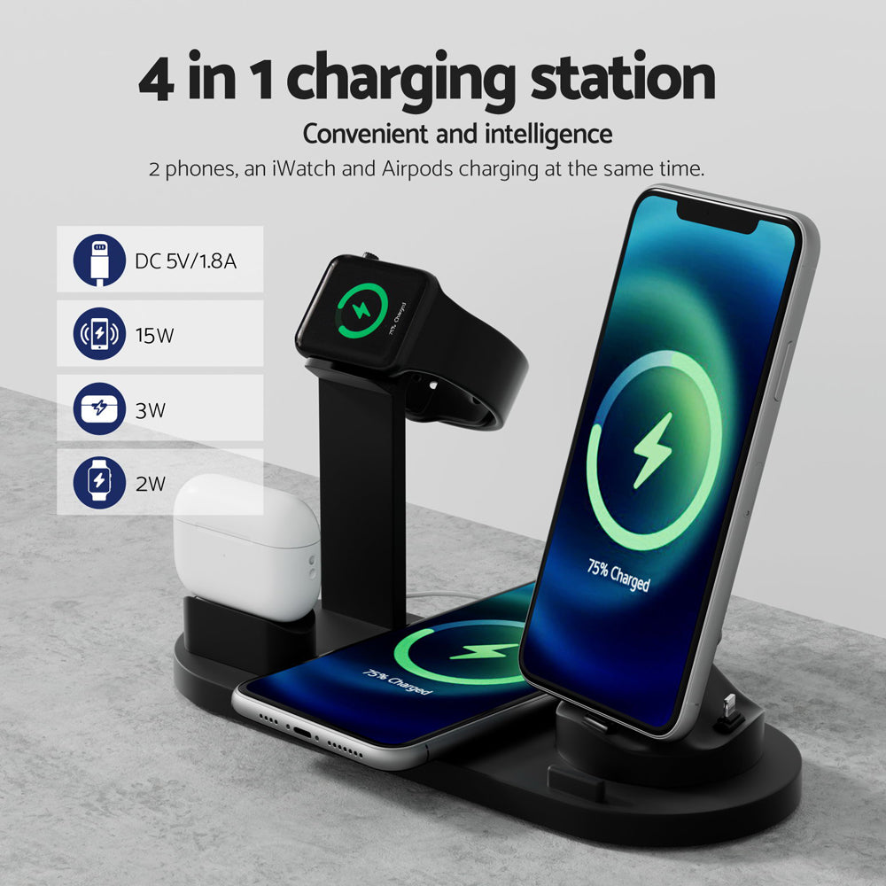 Devanti 4-in-1 Wireless Charger Station 15W Black for Phone, AirPods, iWatch