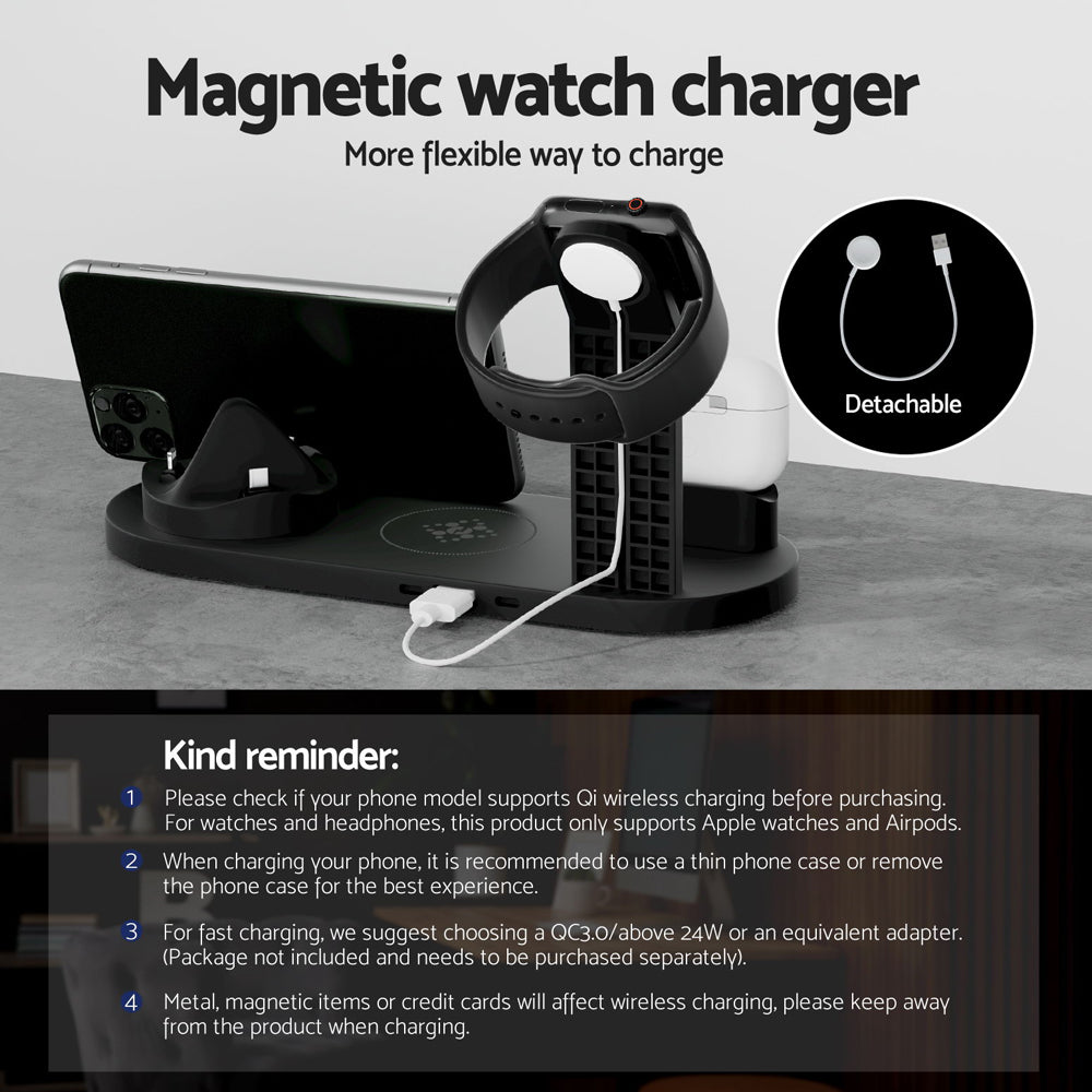 Devanti 4-in-1 Wireless Charger Station 15W Black for Phone, AirPods, iWatch