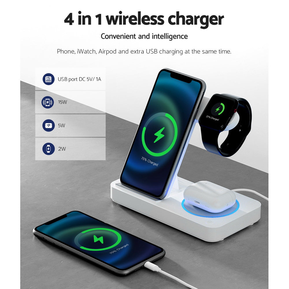 Devanti 4-in-1 Wireless Charger Dock Fast Charging White