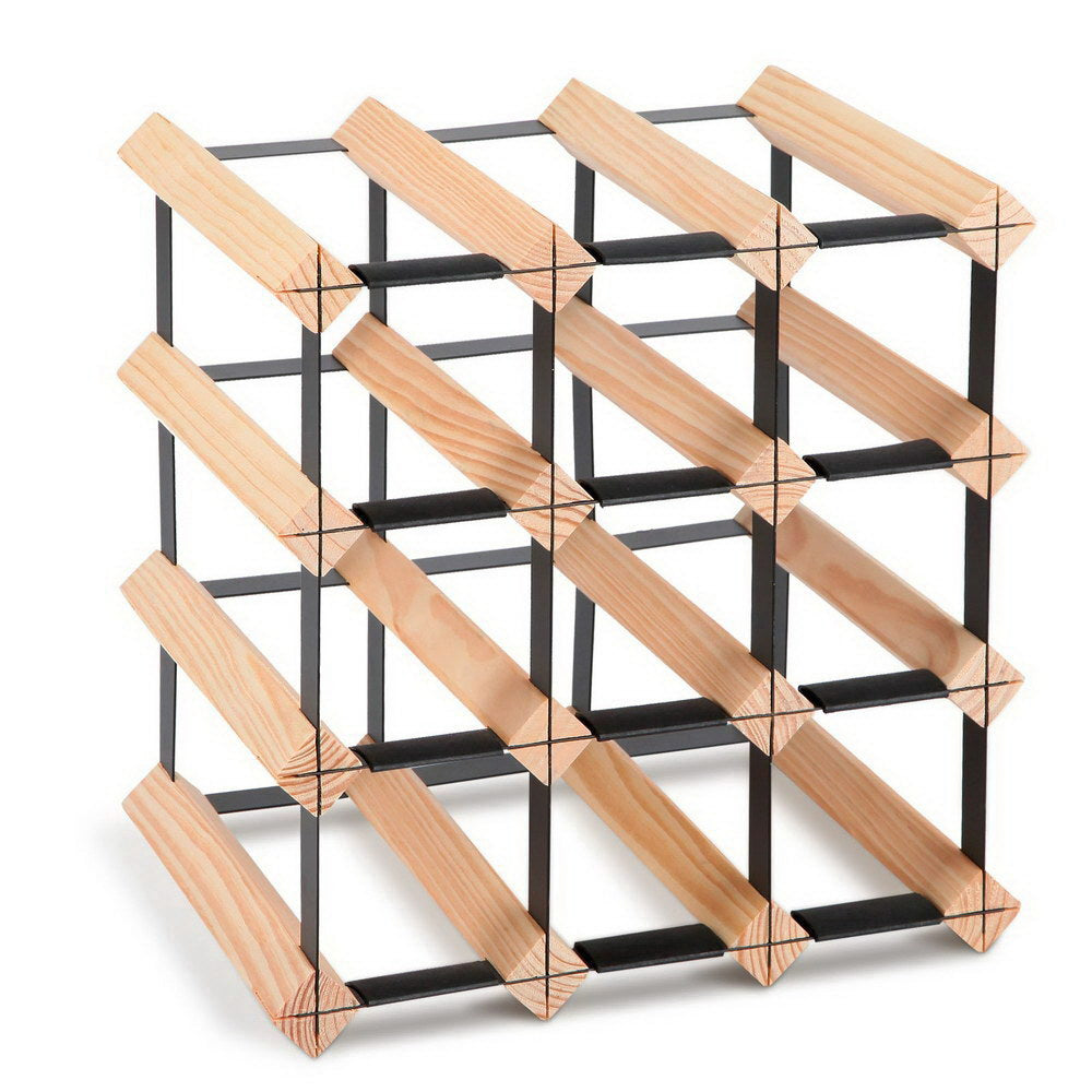 12-Bottle Wine Rack Natural Pine Steel Frame