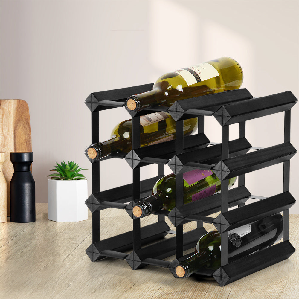 Artiss 12-Bottle Wine Rack Black Pine Wood Steel