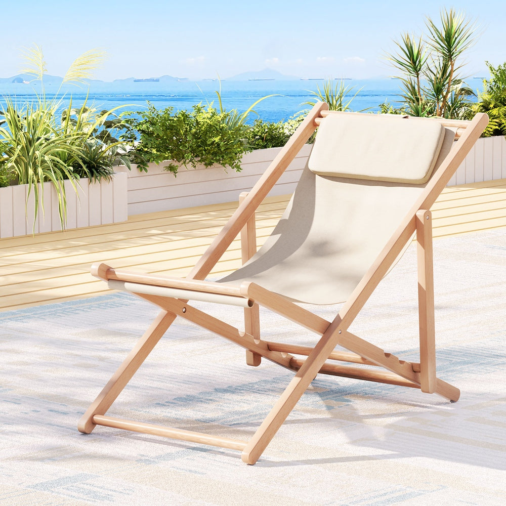 Gardeon Folding Wooden Sun Lounge Beach Chair Beige