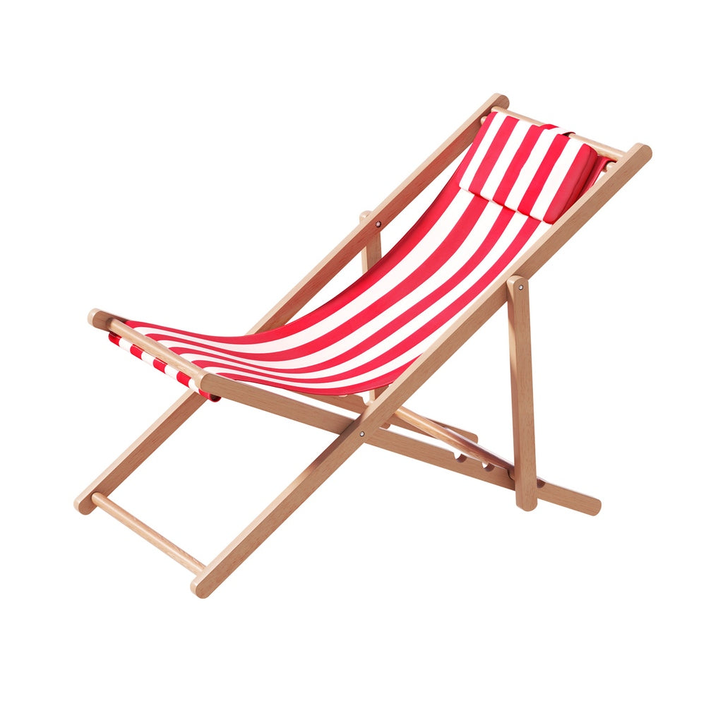 Brighton Wooden Sun Lounge Folding Deck Chair Red Stripes
