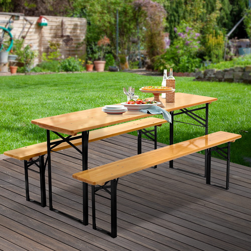 Gardeon Outdoor Foldable Bench Set Natural Pine Wood