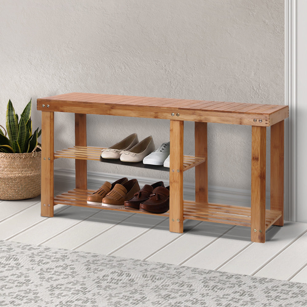 Bamboo Shoe Rack Bench 2-Tier Natural