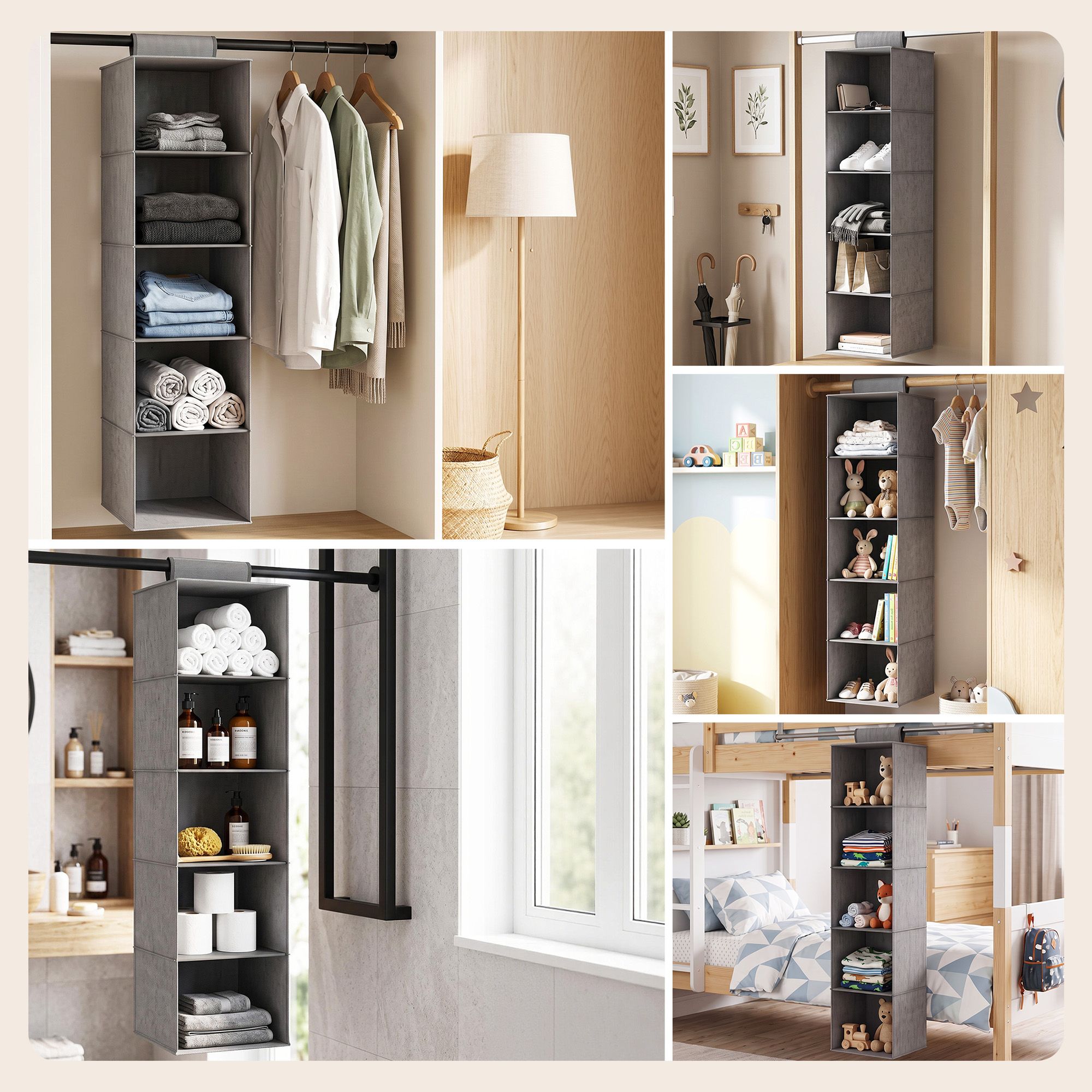Artiss Hanging Closet Organiser 5 Tier Wardrobe Storage Grey 104cm