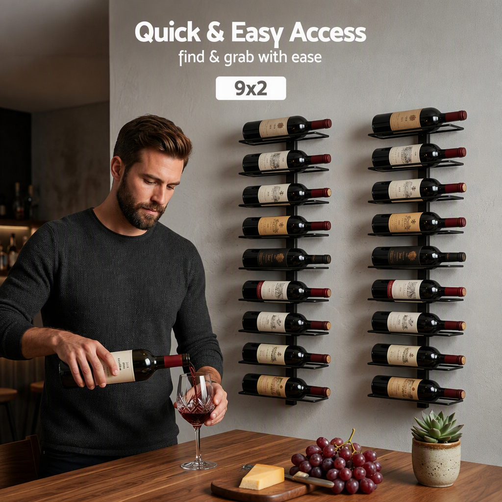 Artiss Wall Mounted Wine Rack Holder Black Metal - Set of 2 18-Bottle Capacity