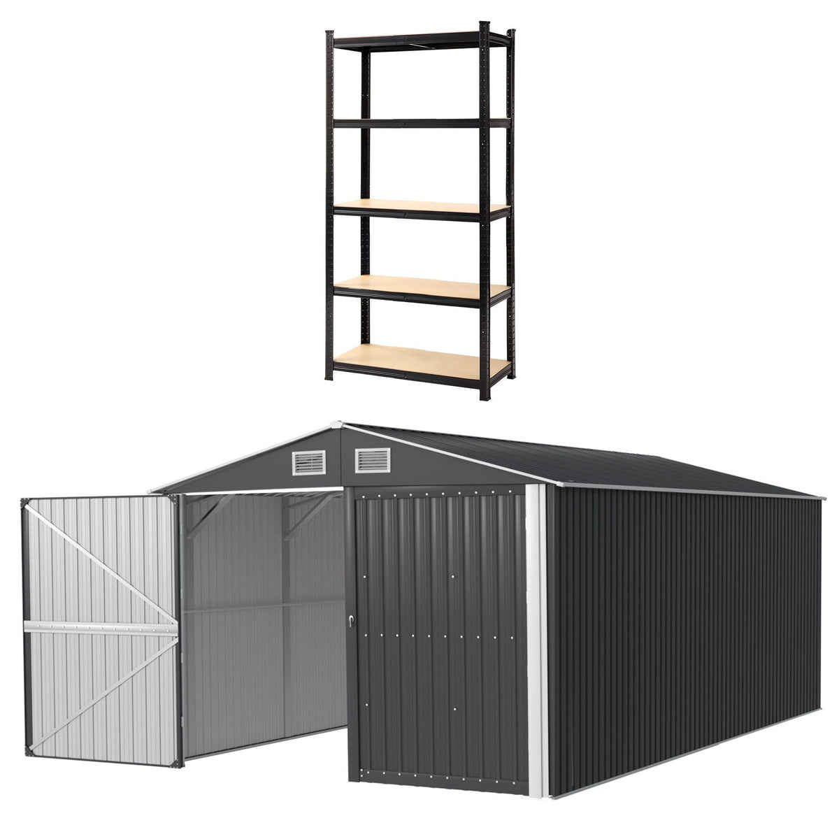 Giantz Garden Shed 3x5.38m Outdoor Tool Storage with 5-Tier Garage Shelving Rack