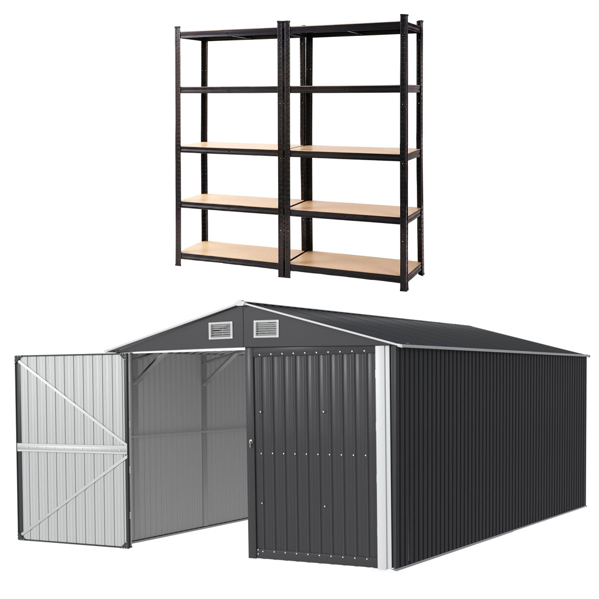Giantz Garden Shed 3x5.38m Outdoor Tool Storage 2X 5-Tier Garage Shelving Rack
