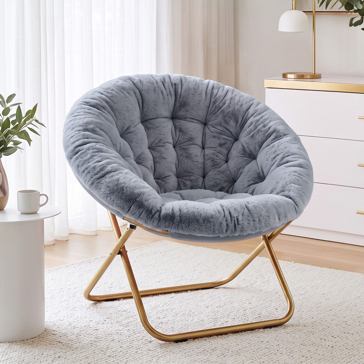 Artiss Saucer Chair Soft Faux Fur Folding Accent Chair Grey