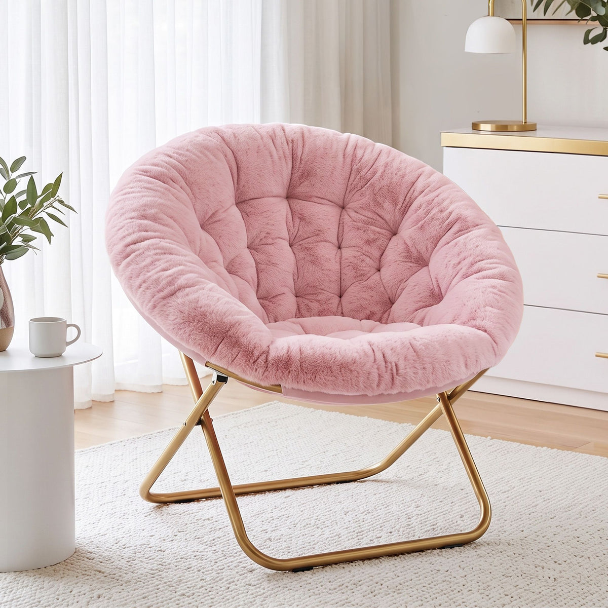 Artiss Foldable Faux Fur Saucer Accent Chair Pink