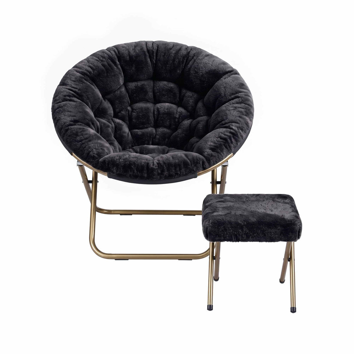 Artiss Comfy Saucer Chair Soft Faux Fur Foldable Accent Chair with Ottoman Black
