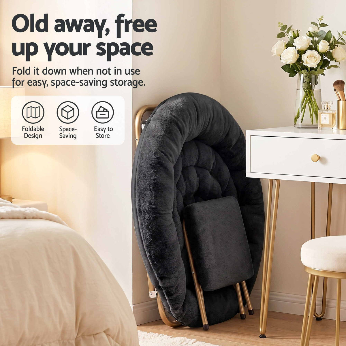 Artiss Comfy Saucer Chair Soft Faux Fur Foldable Accent Chair with Ottoman Black