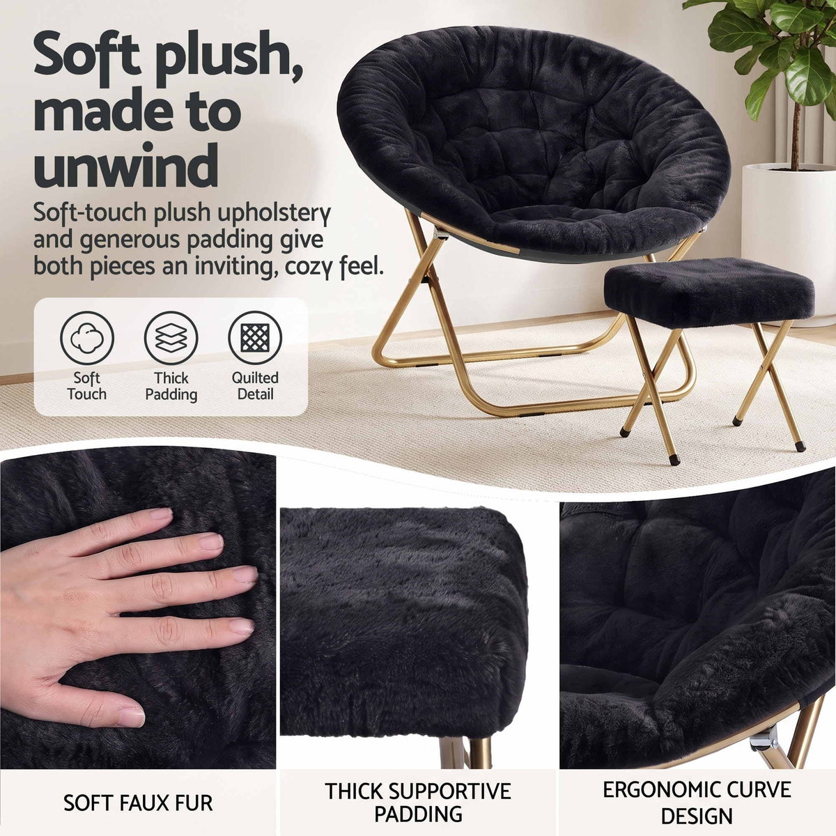 Artiss Comfy Saucer Chair Soft Faux Fur Foldable Accent Chair with Ottoman Black