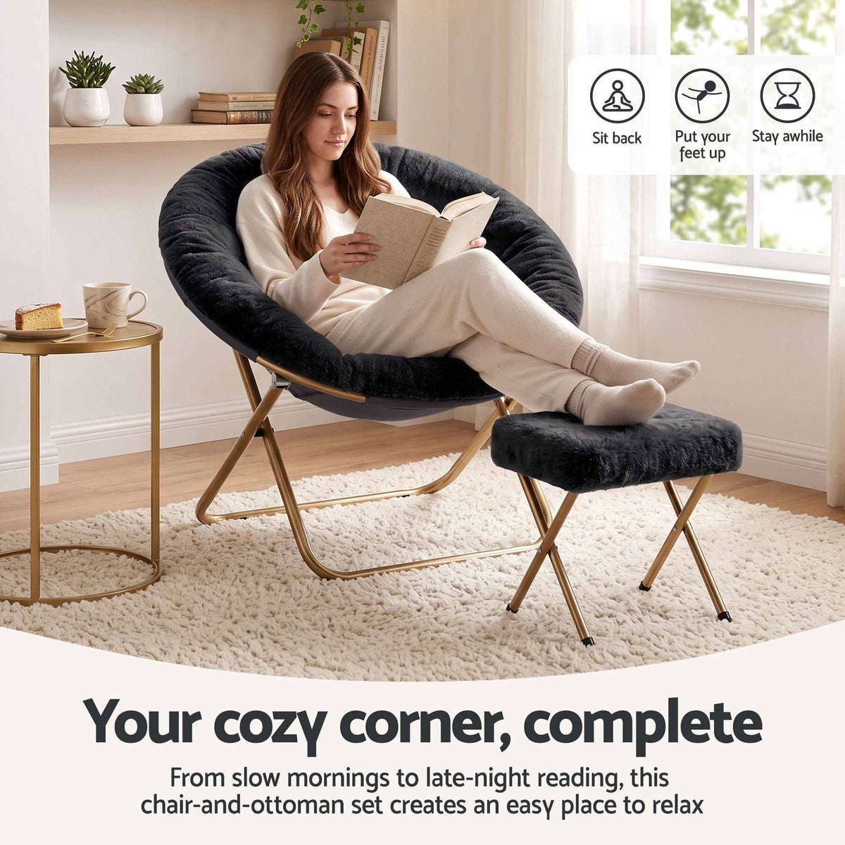 Artiss Comfy Saucer Chair Soft Faux Fur Foldable Accent Chair with Ottoman Black