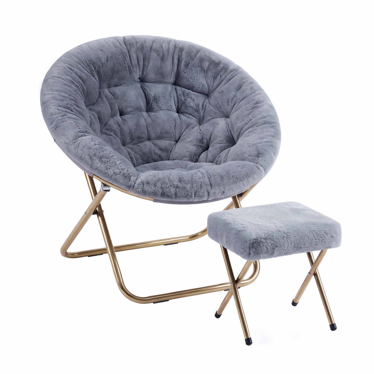 Artiss Comfy Saucer Chair Soft Faux Fur Foldable Accent Chair with Ottoman Grey