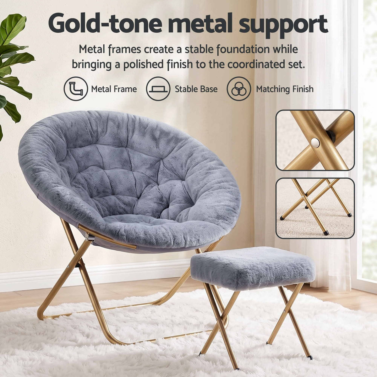 Artiss Comfy Saucer Chair Soft Faux Fur Foldable Accent Chair with Ottoman Grey