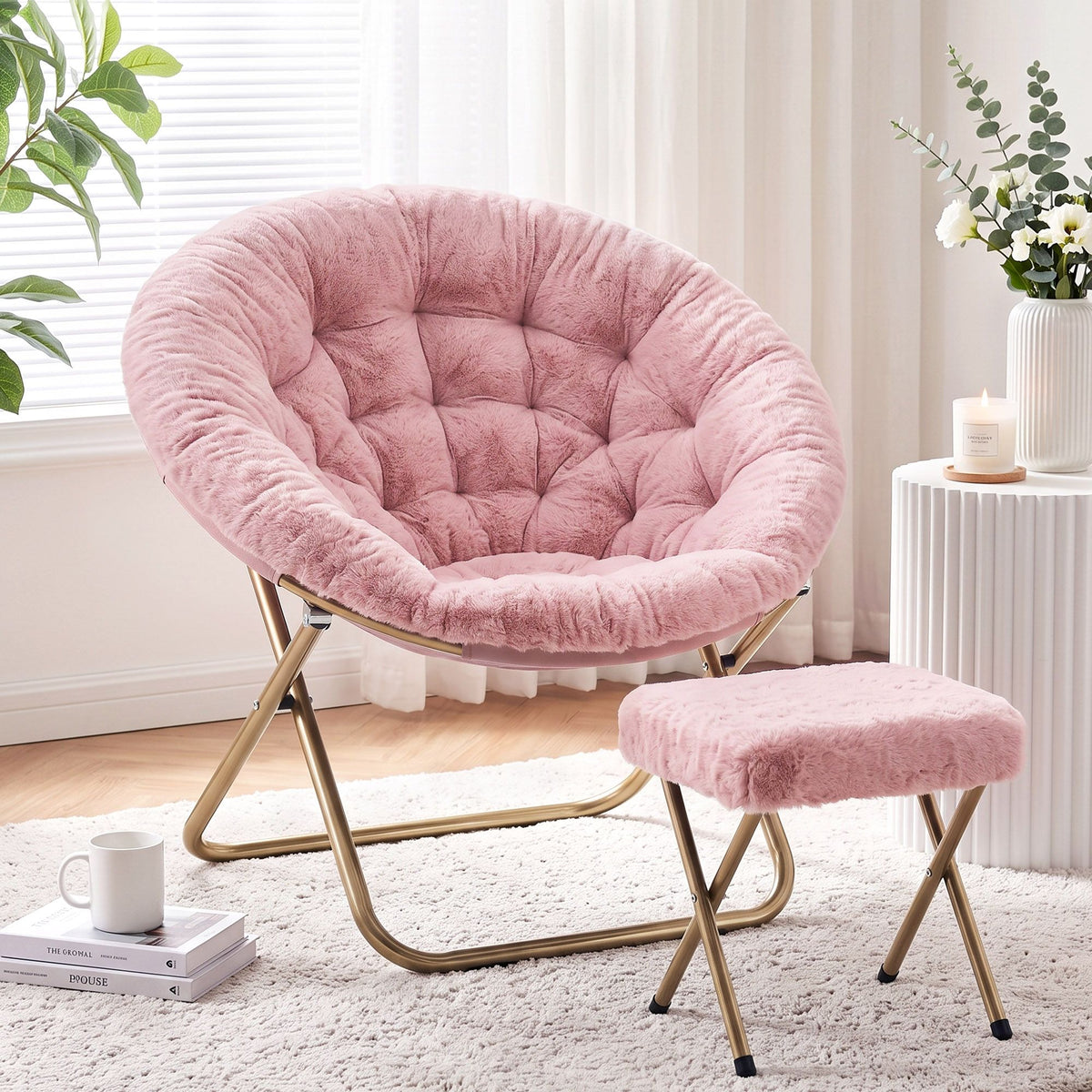 Artiss Saucer Chair and Ottoman Set Soft Faux Fur Foldable Pink