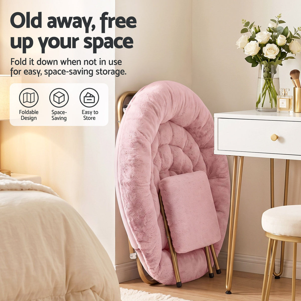 Artiss Comfy Saucer Chair Soft Faux Fur Foldable Accent Chair with Ottoman Pink