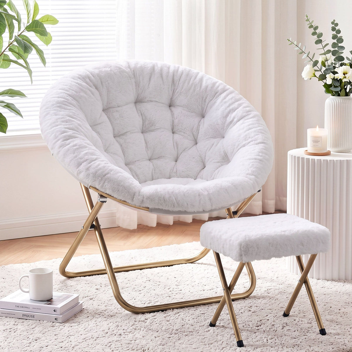 Artiss Foldable Faux Fur Saucer Chair and Ottoman Set White