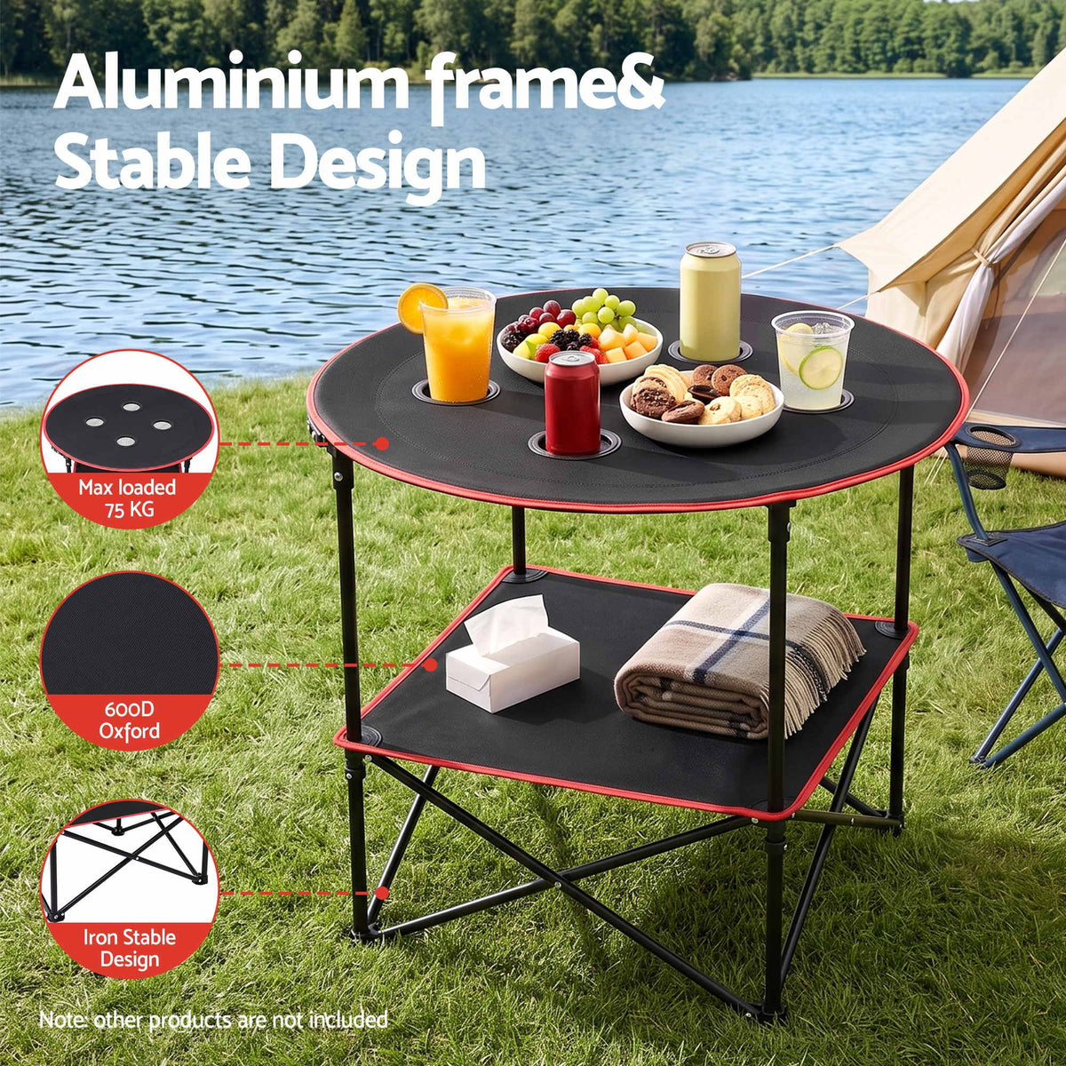 Weisshorn Folding Camping Table with 4 Cup Holders Metal Oxford 73CM Black