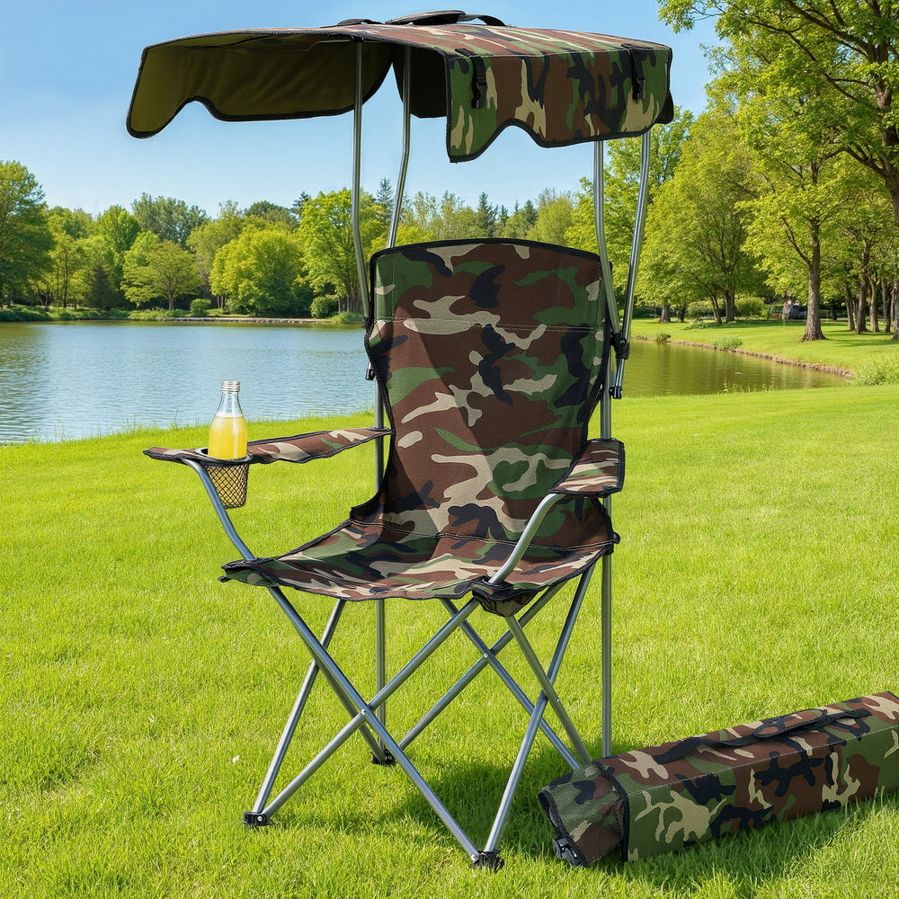 Weisshorn Folding Camping Chair with Canopy 120KG Army Green