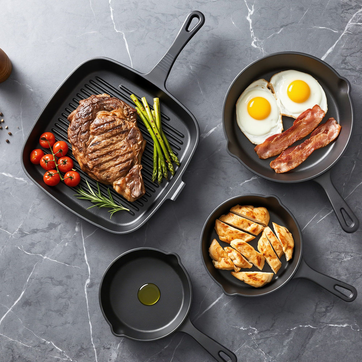 5-Star Chef Cast Iron Fry Pan Set 14/16/20/24cm Black
