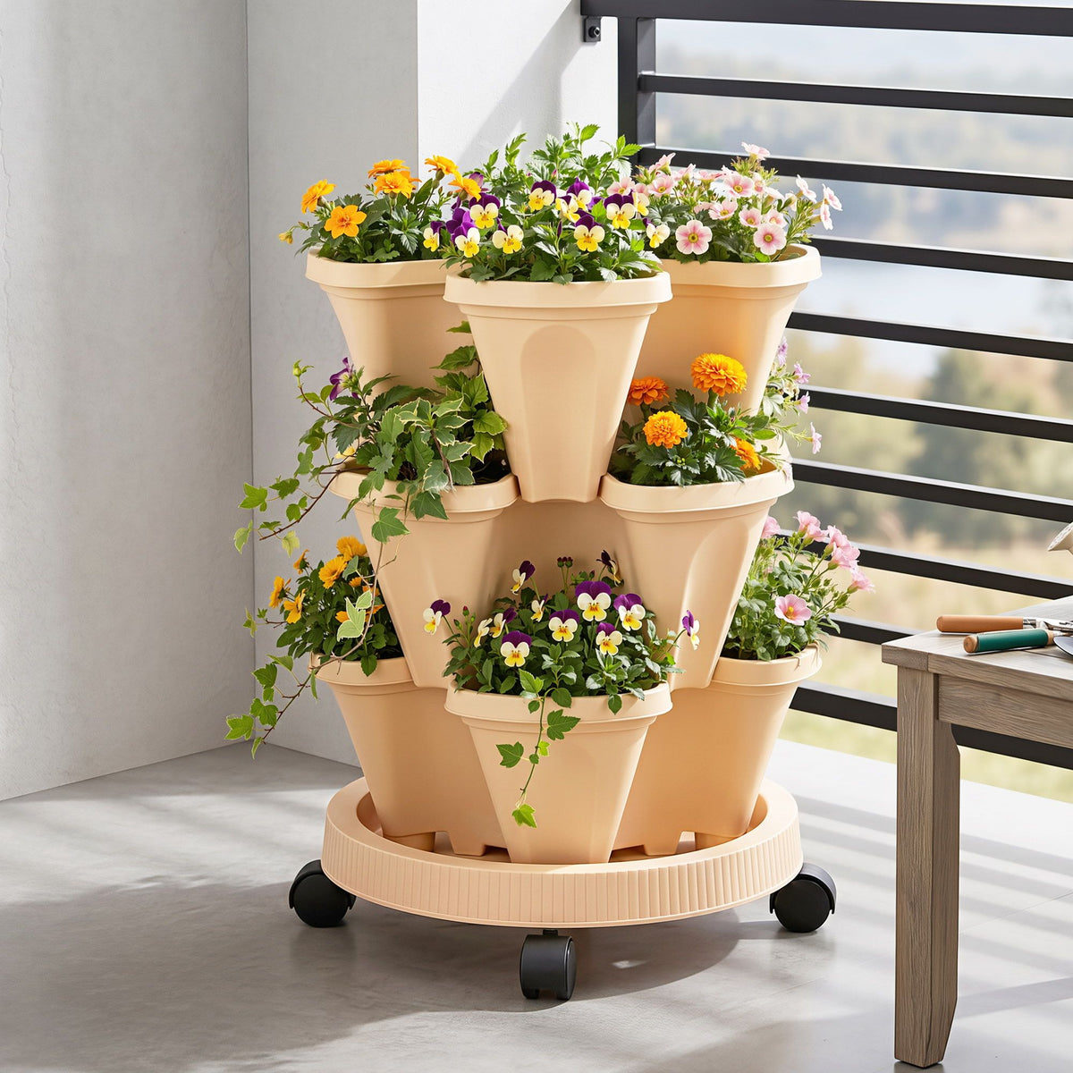Green Fingers 3 Tier Stackable Vertical Planter Tower Beige