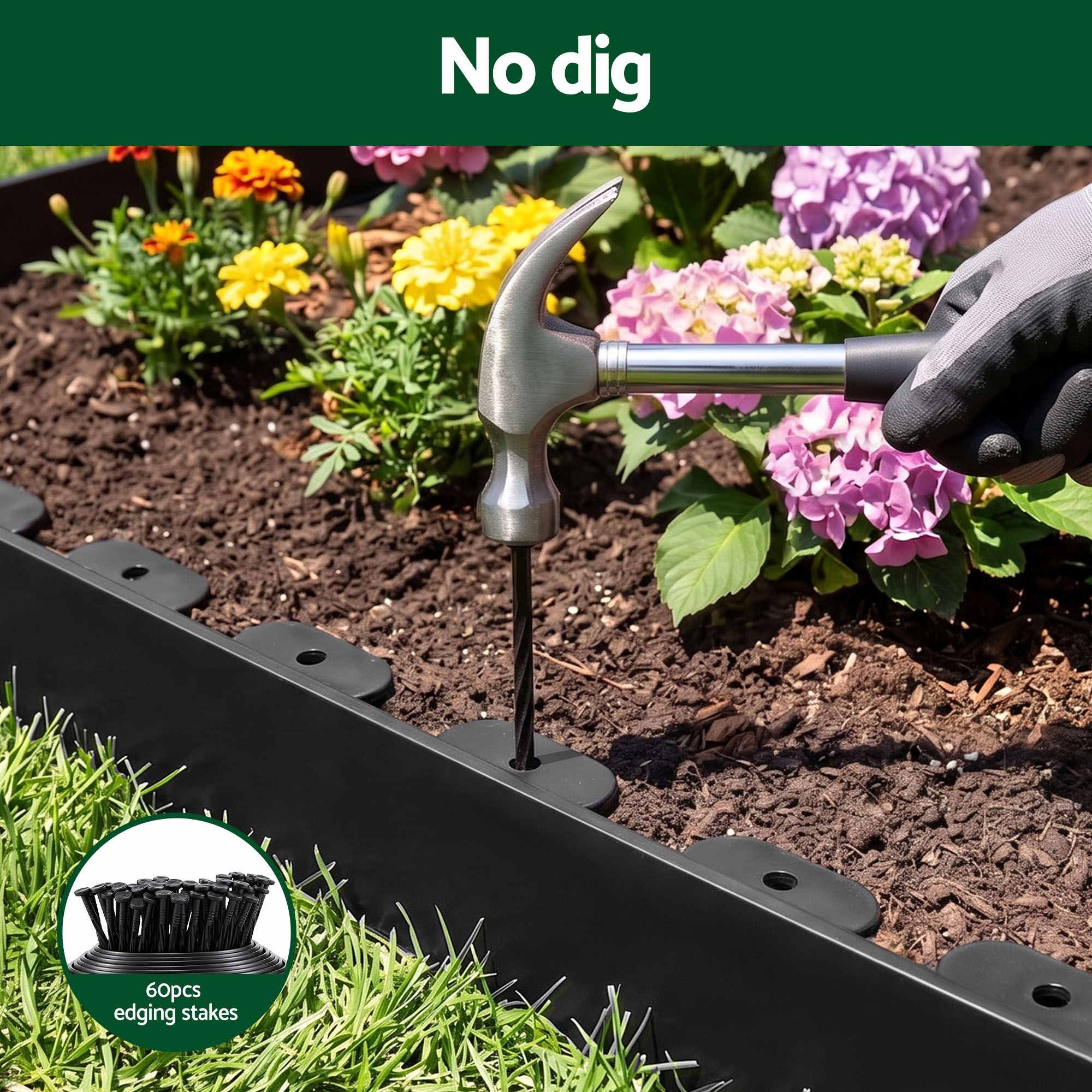 Green Fingers Garden Edging 60ft 30pcs Flexible Garden Border Plastic Lawn Edging Black
