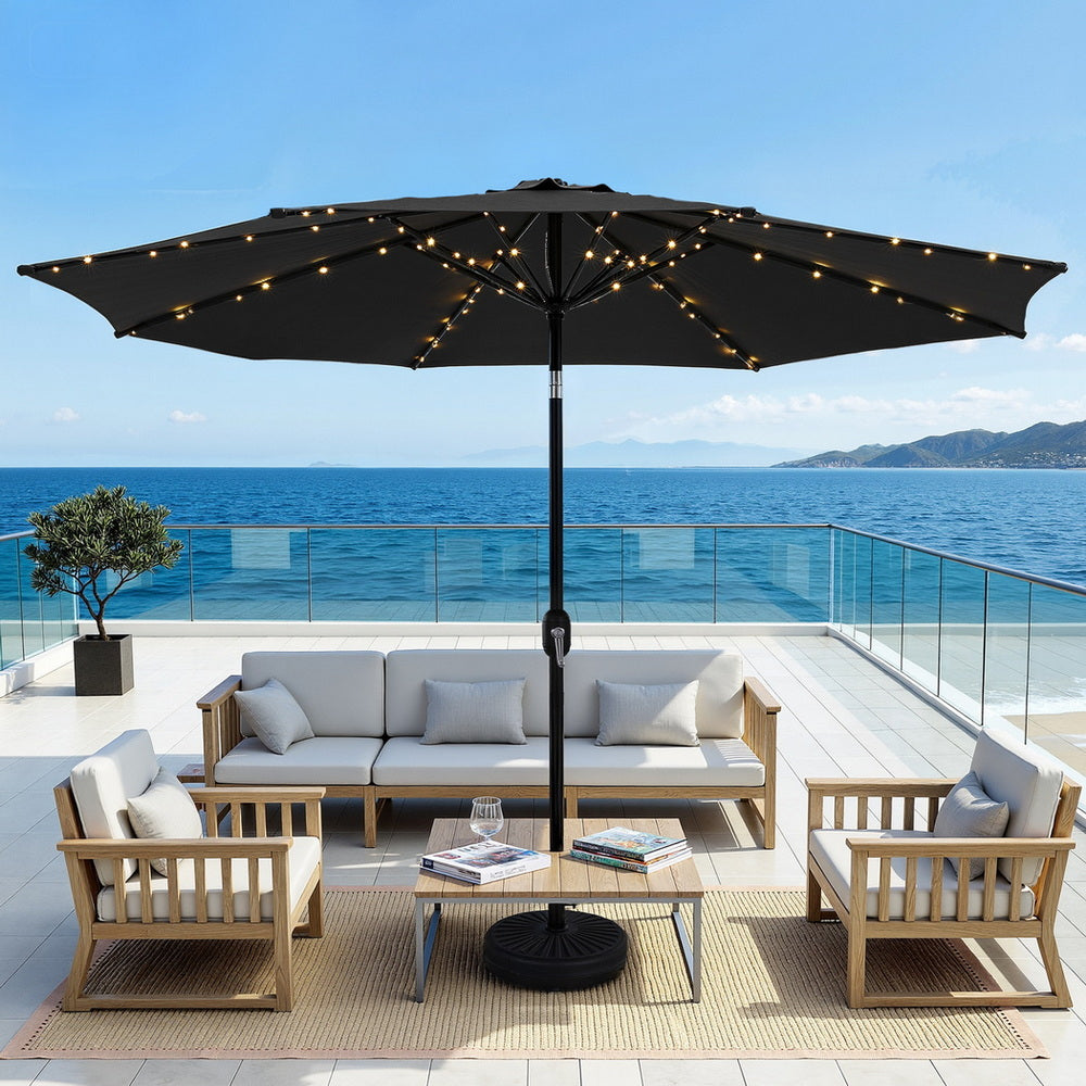 Instahut 2.9m Outdoor Market Umbrella with LED String Lights Black